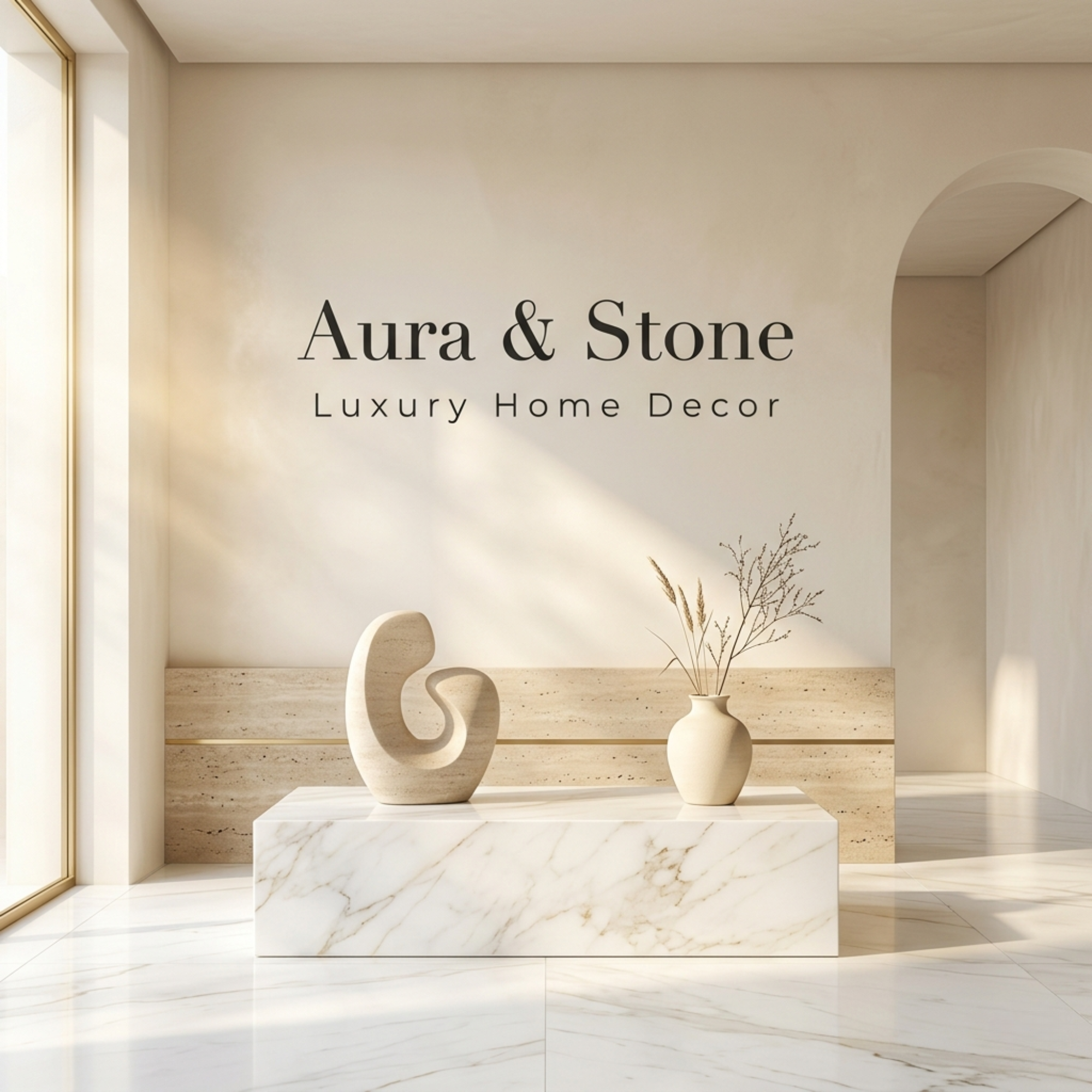 Aura and Stone Home — luxury home decor inspiration with a sculptural ceramic vase, dried botanical stems, warm marble surface, and soft natural light in a minimal earthy interior