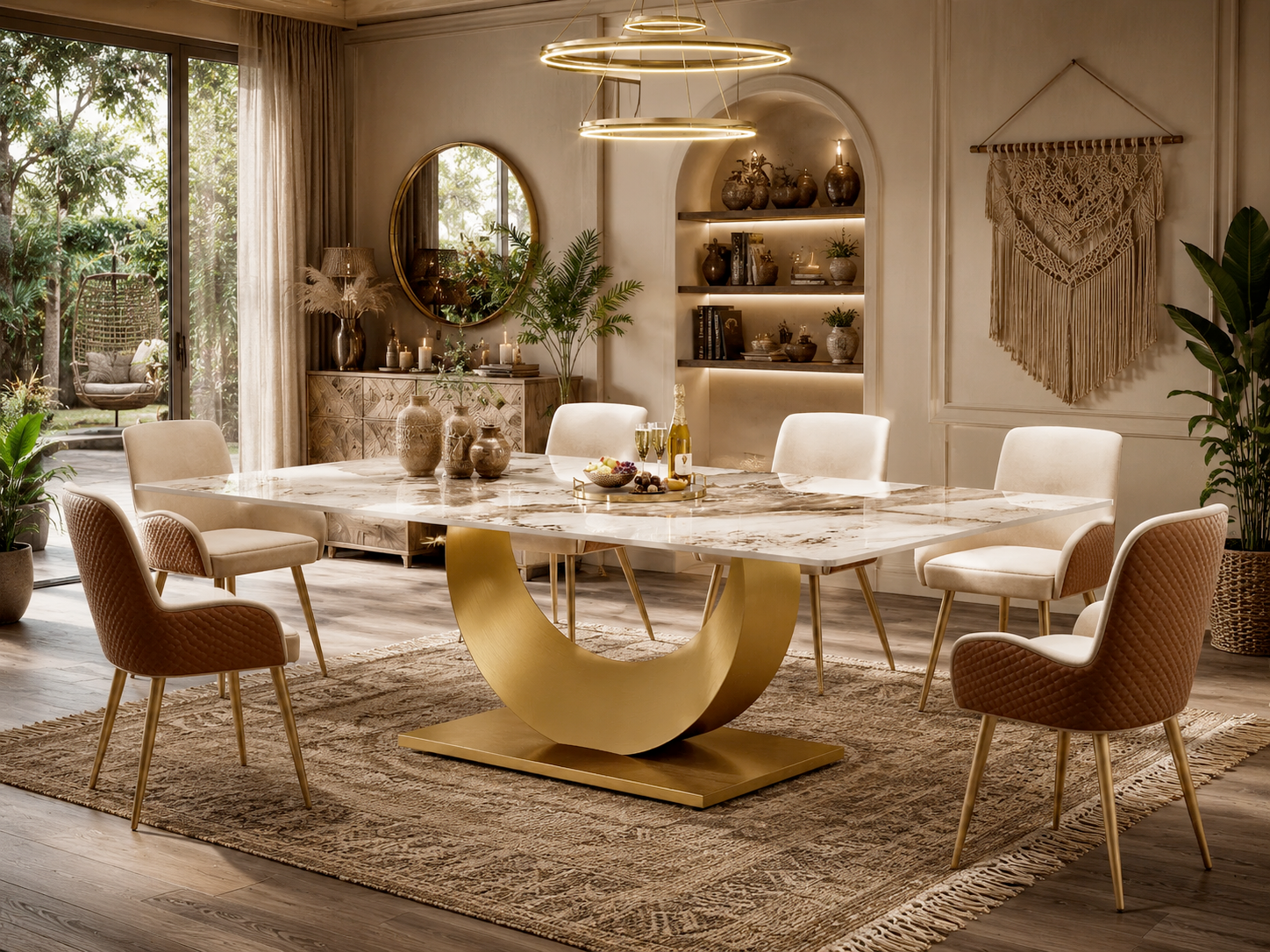 Luxury dining room with a sculptural dining table, upholstered chairs, warm ambient lighting, natural textures, and modern organic decor designed for elegant gatherings.