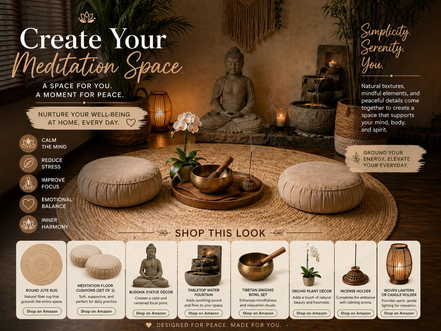 Peaceful meditation room featuring floor cushions, warm candlelight, natural wood accents, calming decor, and earthy textures designed for mindfulness and relaxation.