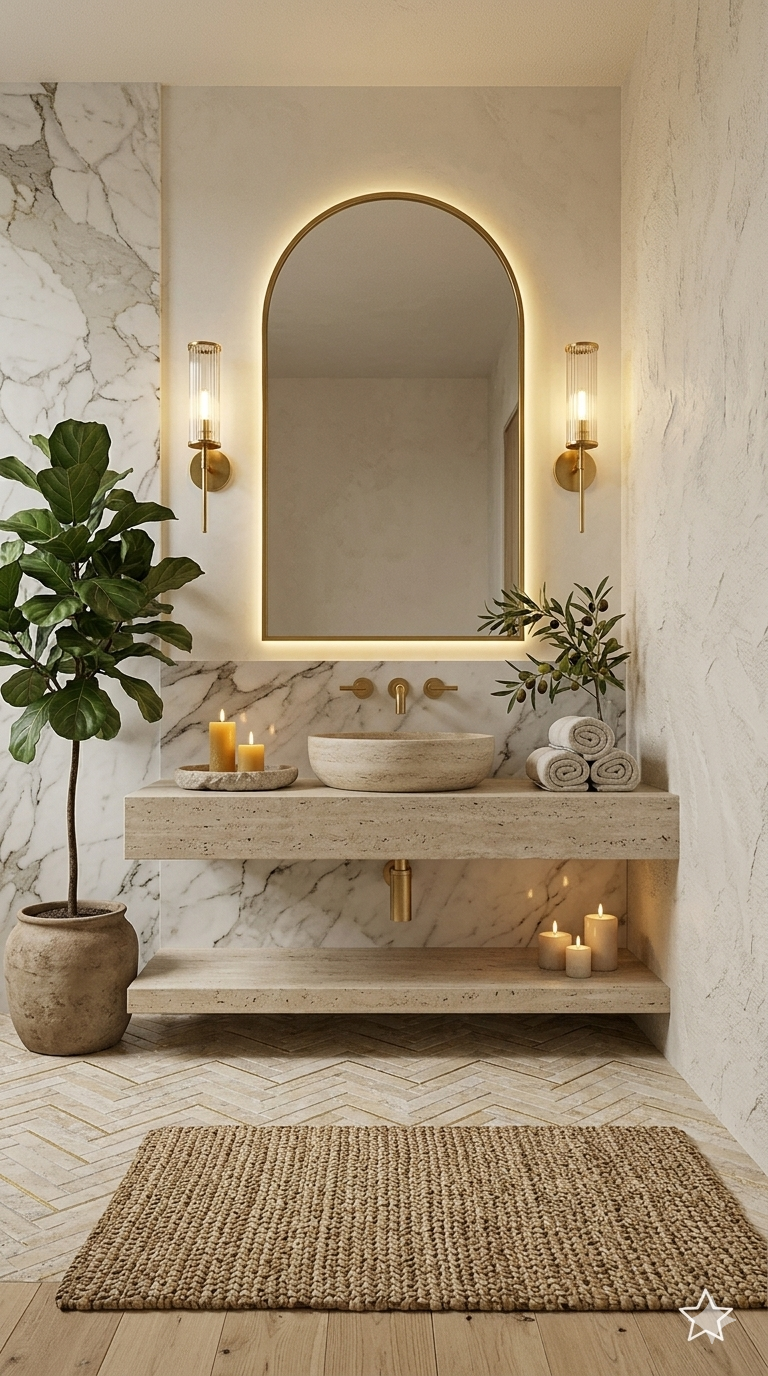 Spa-inspired bathroom with a stone vessel sink, marble walls, warm brass accents, candles, greenery, and organic decor creating a calming luxury retreat.
